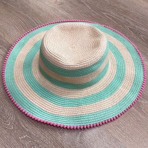 Kids straw hat - mint green with pink trim